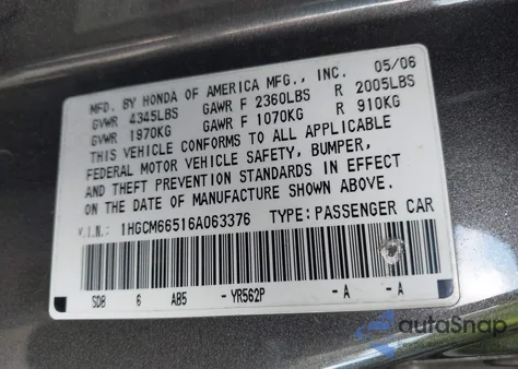 2006 Honda Accord 3.0 Ex z USA, uszkodzony, nr VIN 1HGCM66516A063376